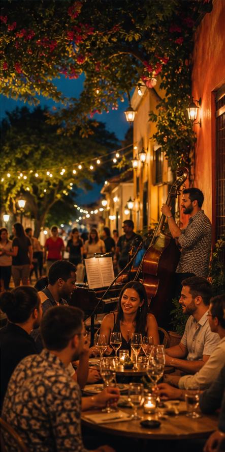 An outdoor evening with live music, dining and conversation